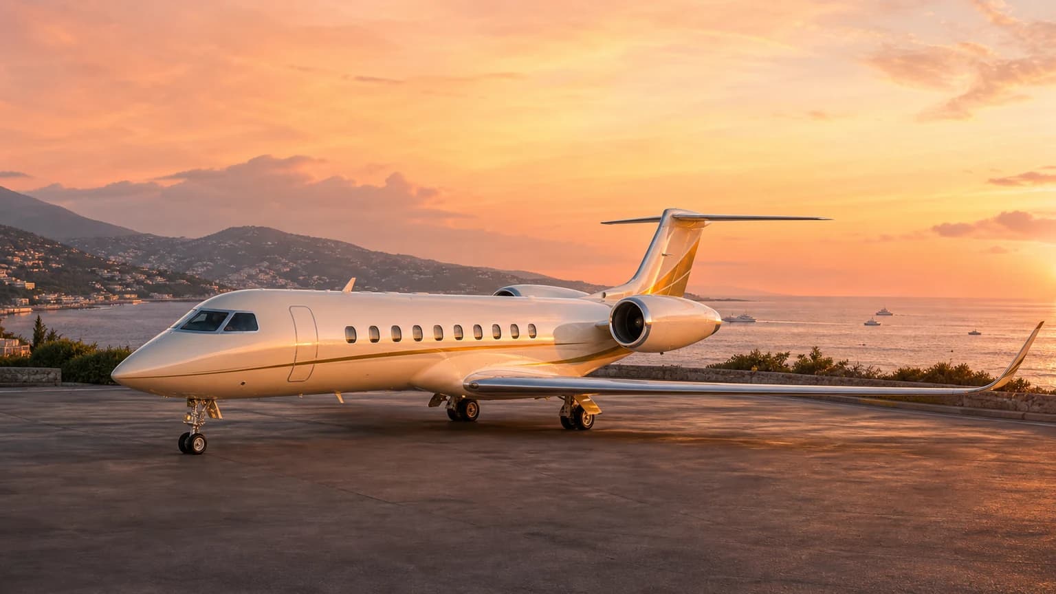 Large private jet on a Riviera apron at sunset