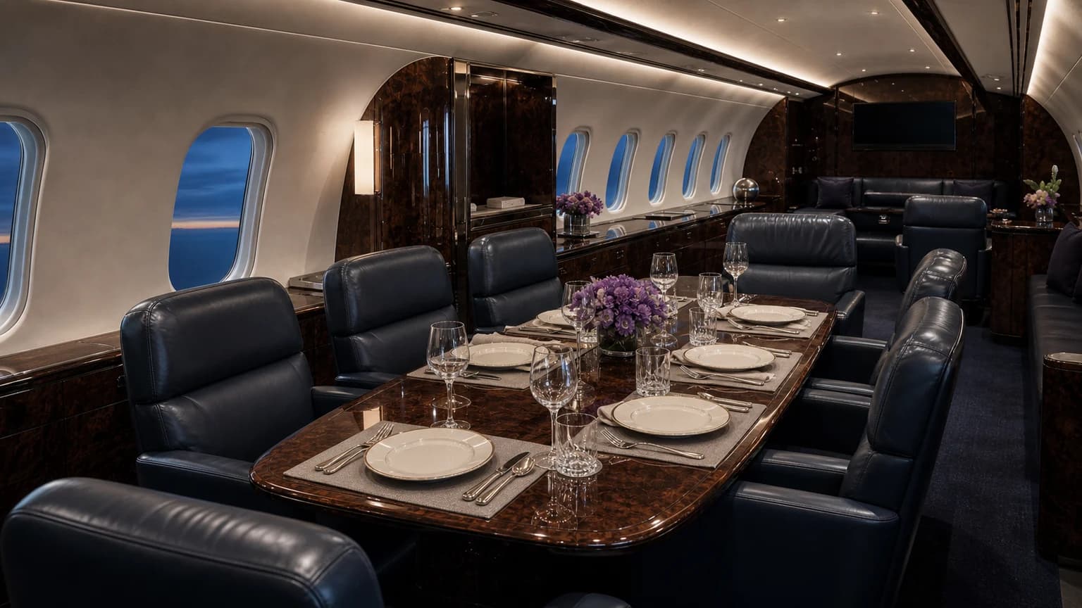 Illustrative private jet dining room prepared for an overnight journey