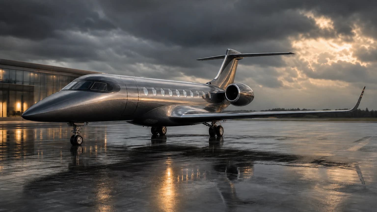 Illustrative super-midsize private jet waiting on an apron