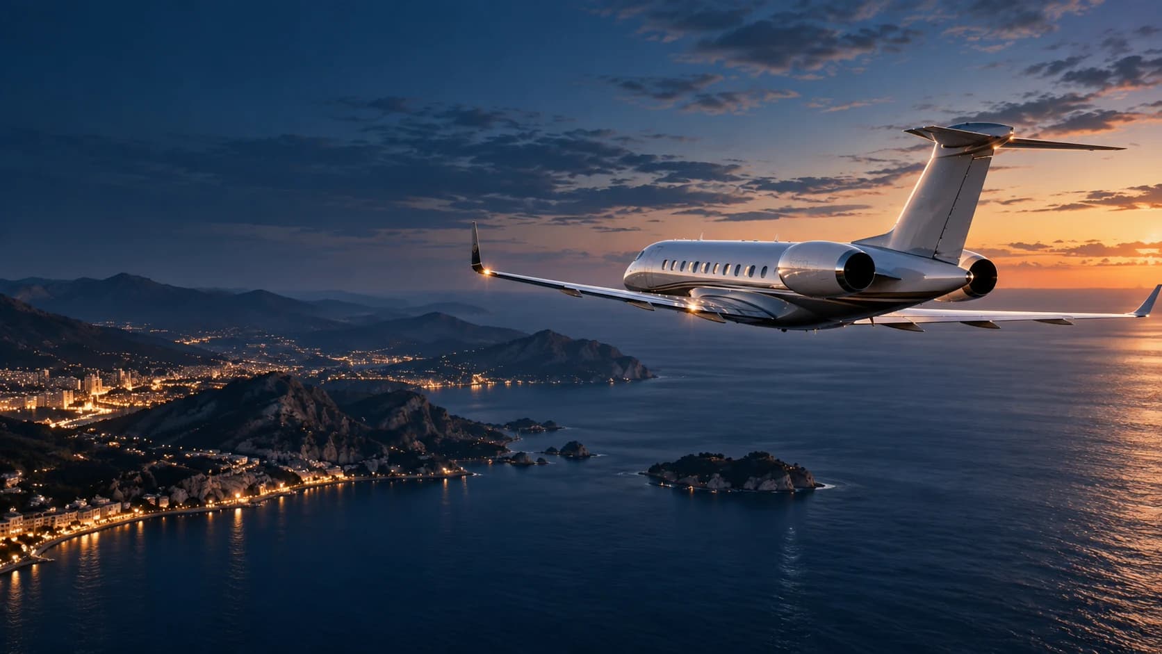 Private jet flying above a Mediterranean coastline at blue hour