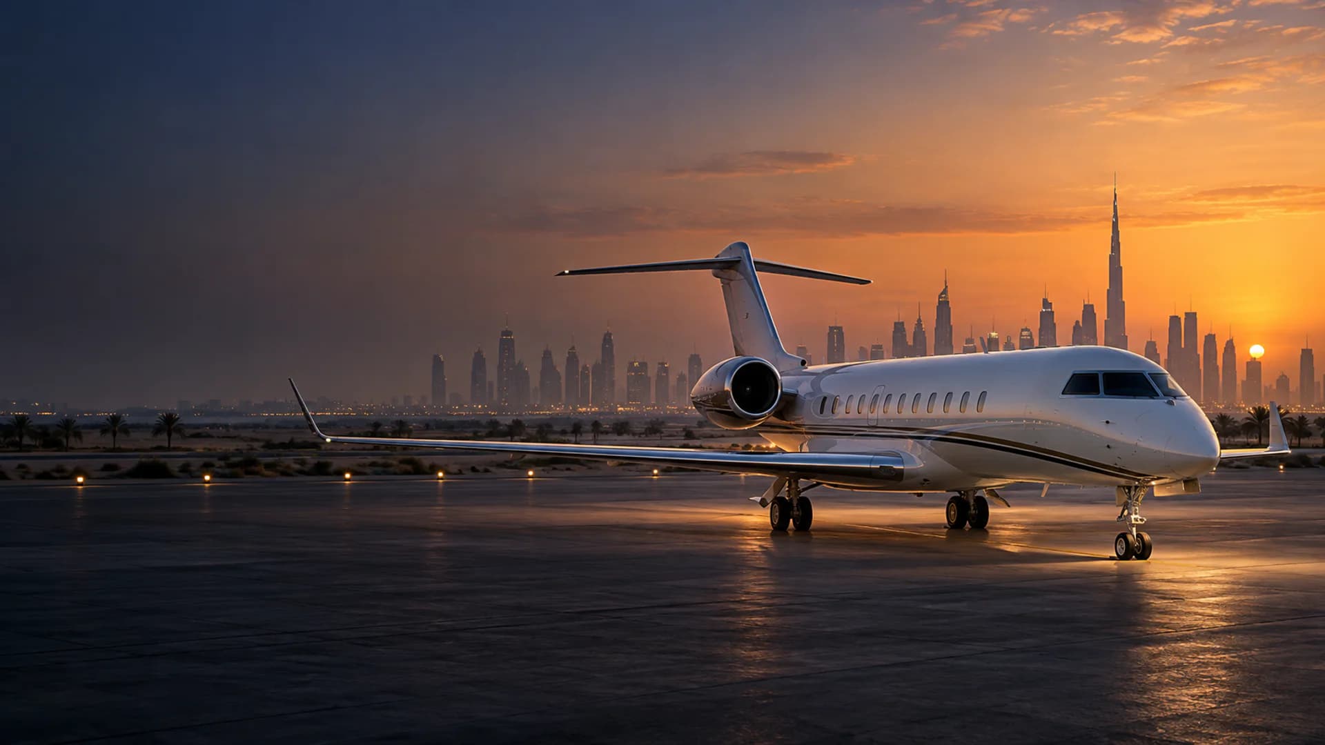 Ultra-long-range private jet with the Dubai skyline at sunset
