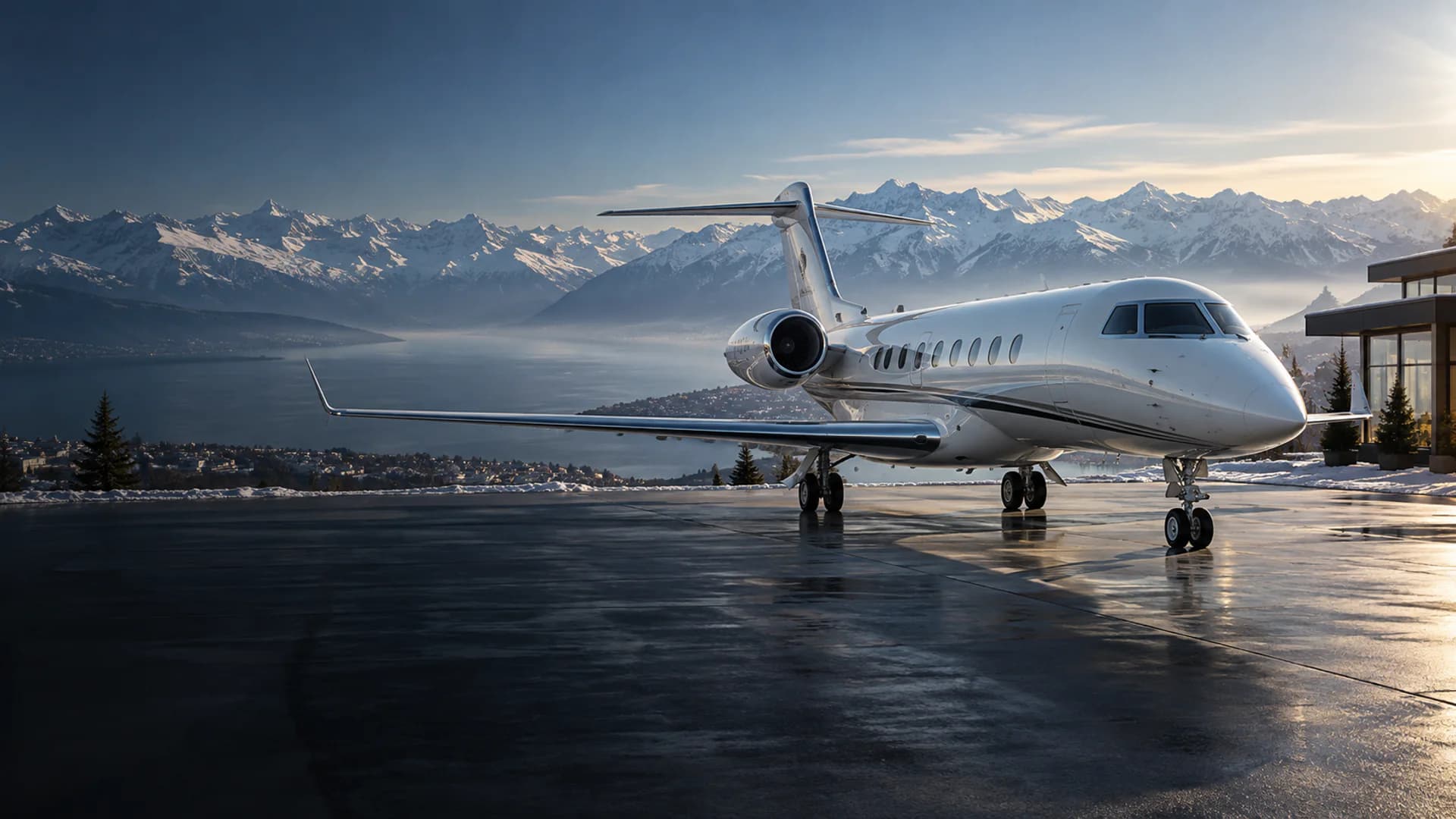 Long-range private jet on an alpine apron above Lake Geneva