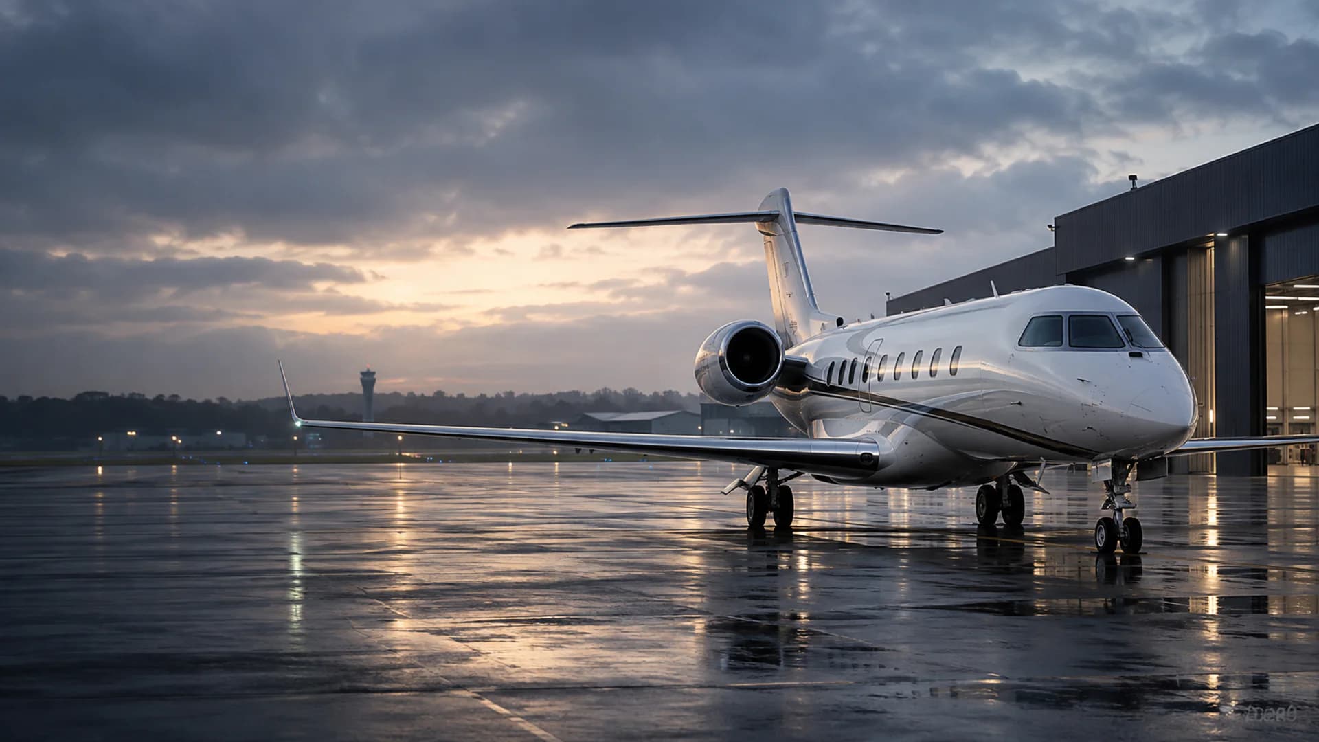 Private jet on a wet London-area business aviation apron at first light