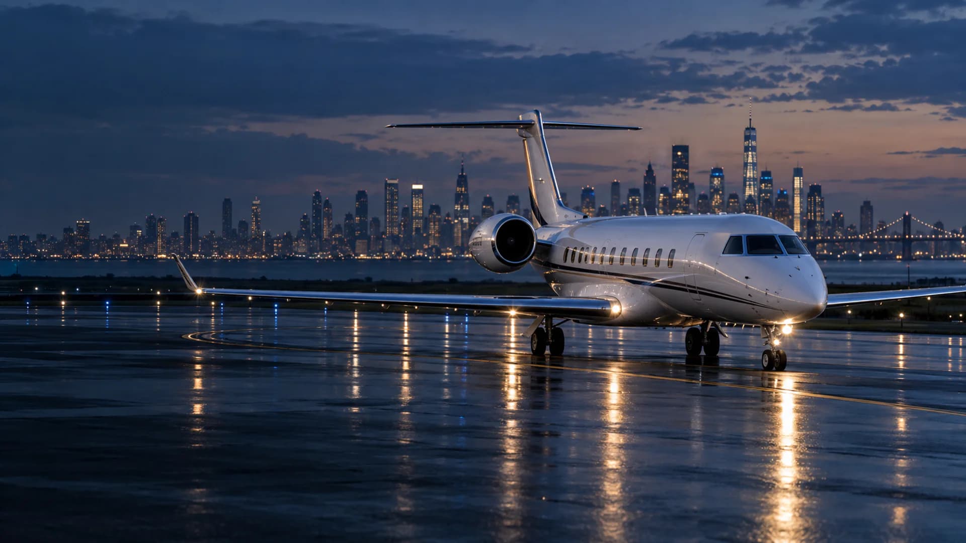 Long-range private jet on a rain-polished apron with the New York skyline at blue hour
