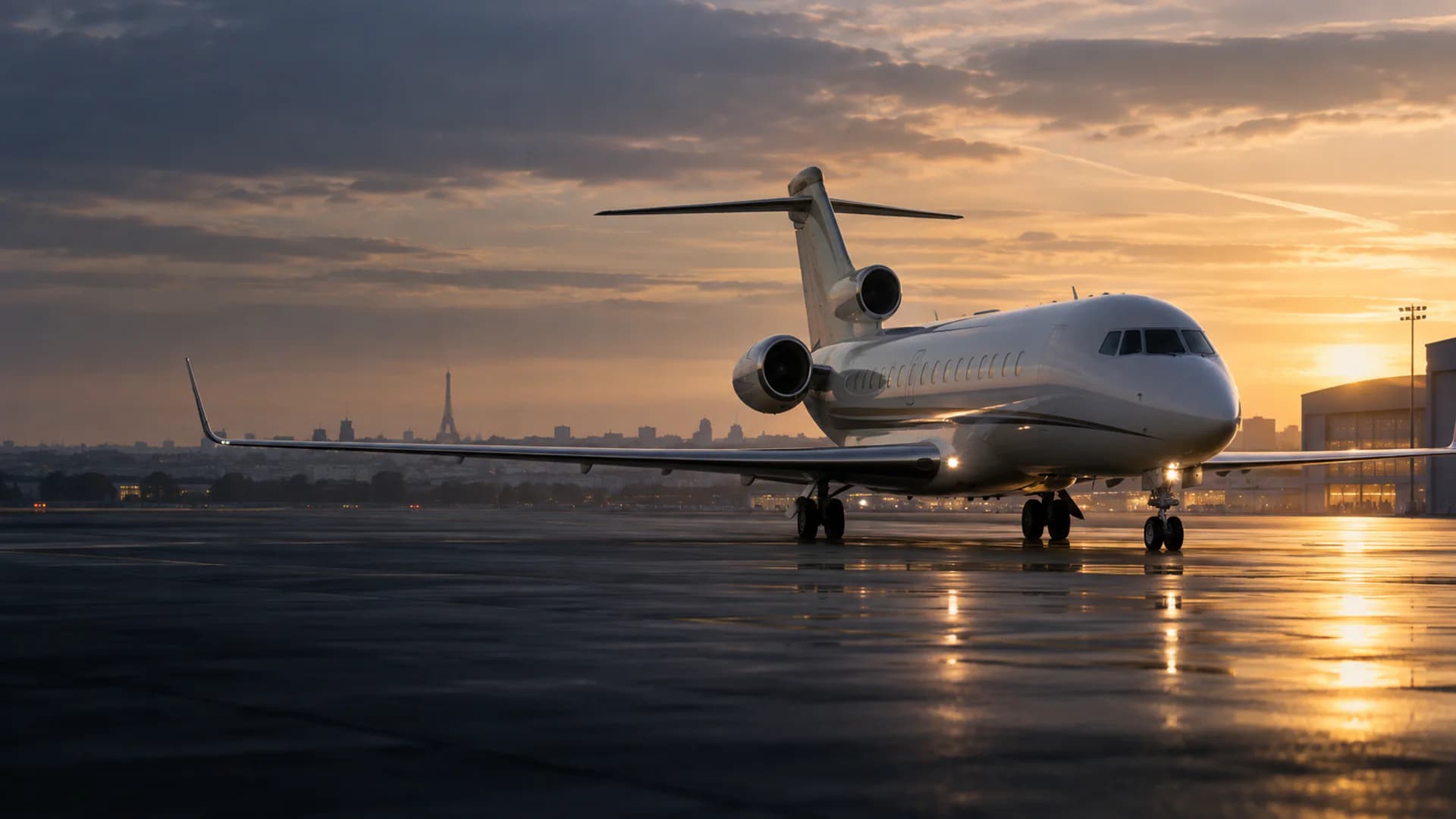 Large-cabin private jet at Paris Le Bourget during golden hour