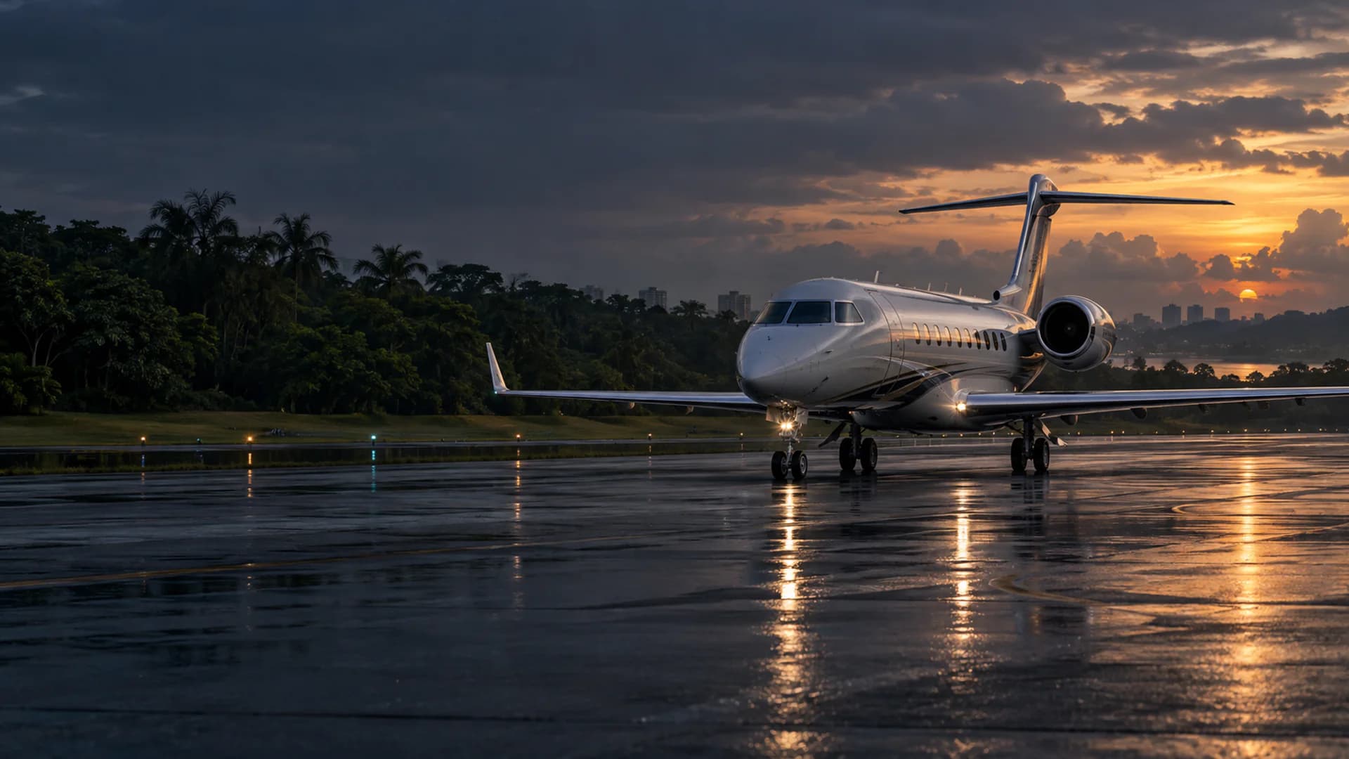 Long-range private jet on a rain-polished tropical apron in Singapore