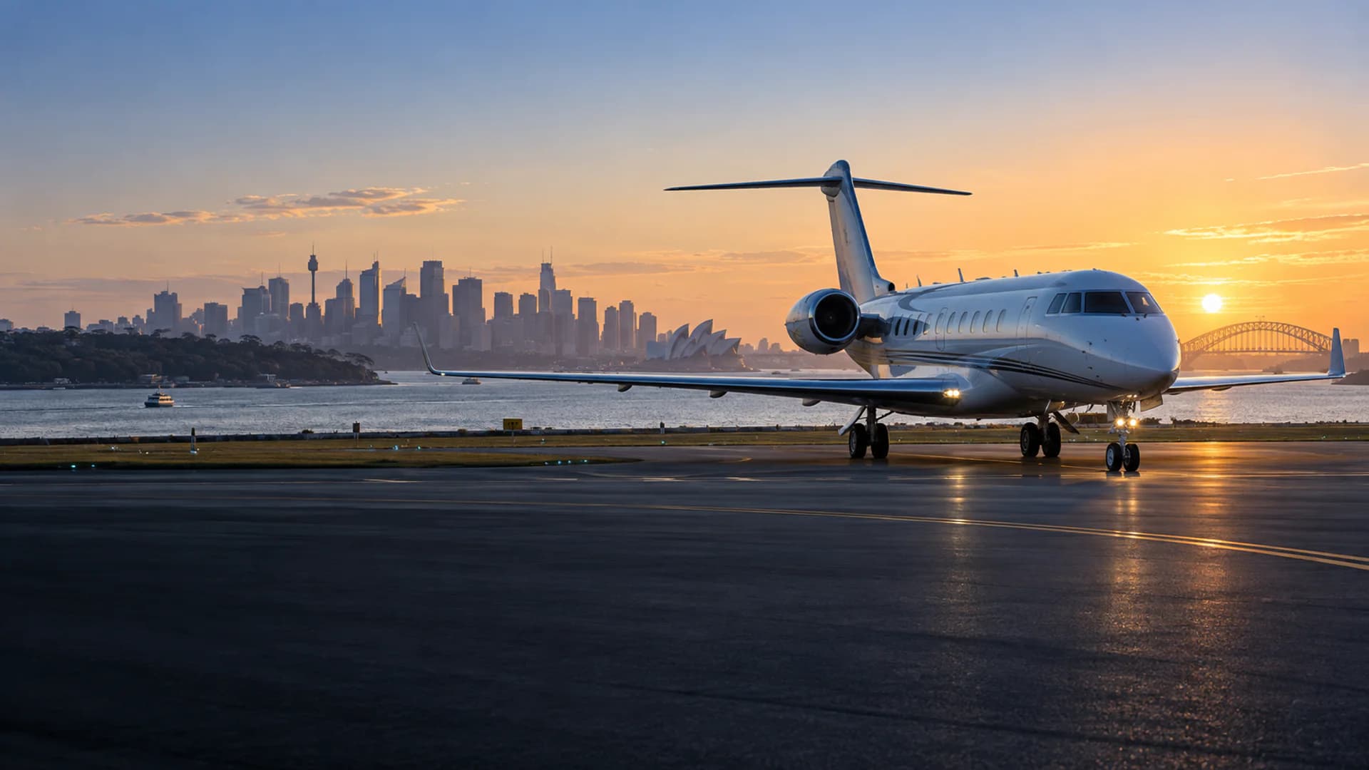 Long-range private jet beside Sydney Harbour at sunrise