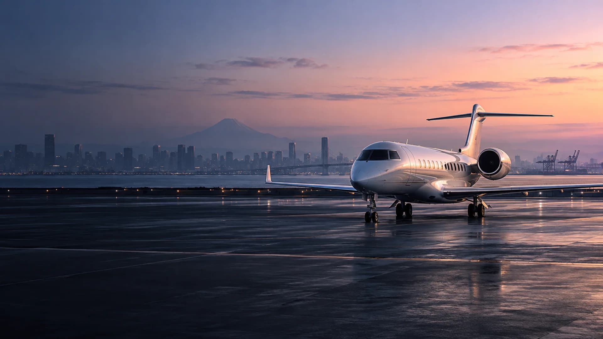 Large-cabin private jet on a Tokyo Bay apron at dawn
