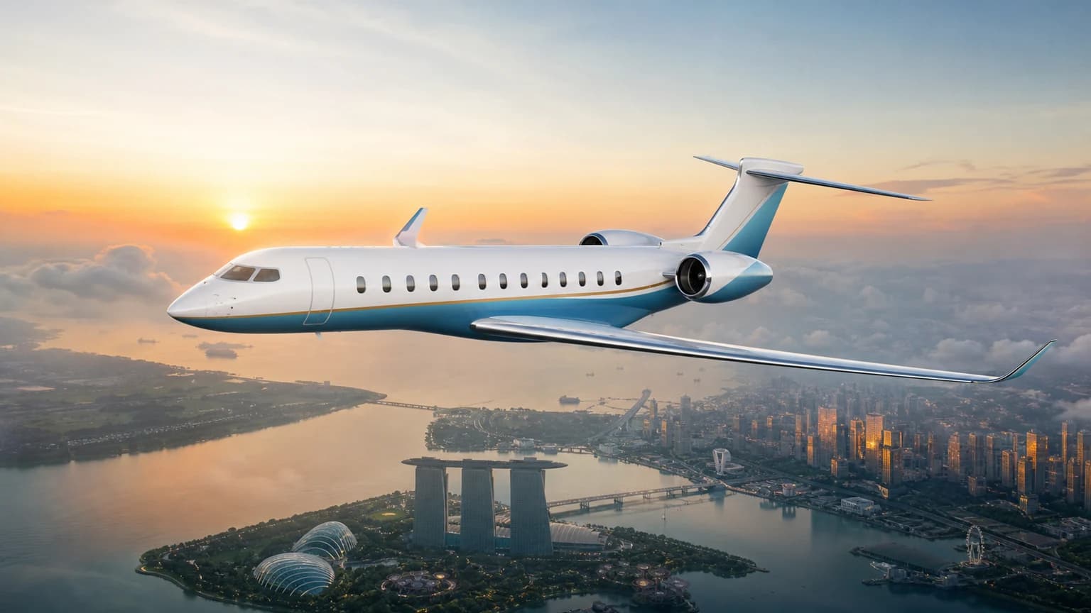 Illustrative ultra-long-range private jet flying above Singapore at dawn