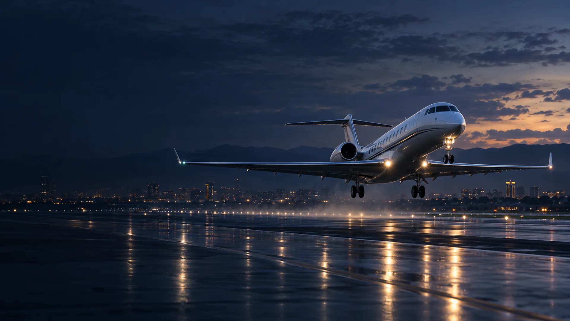 Long-range private jet lifting from a rain-polished runway at blue hour