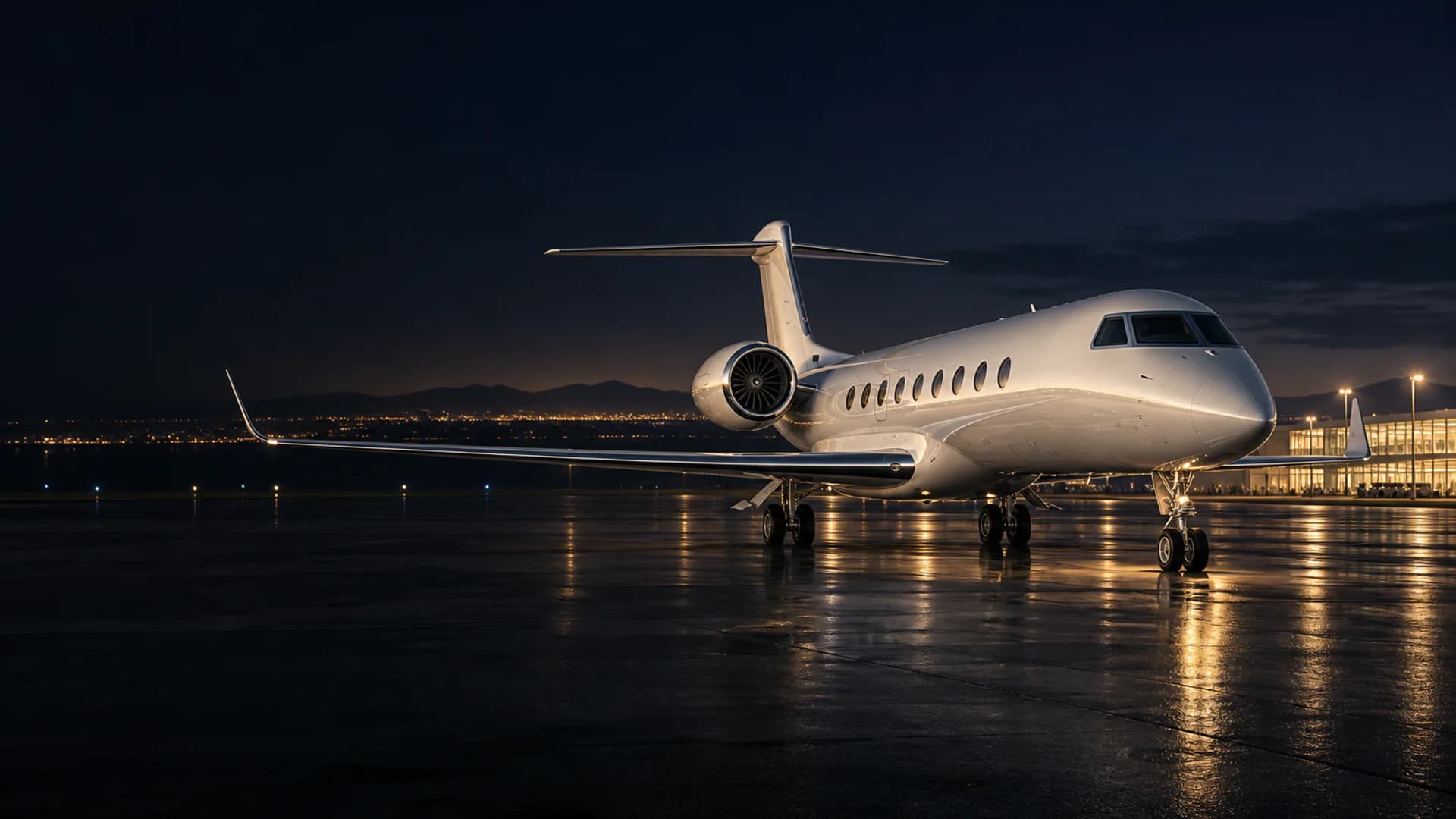 Unmarked long-range private jet waiting on an international apron at night