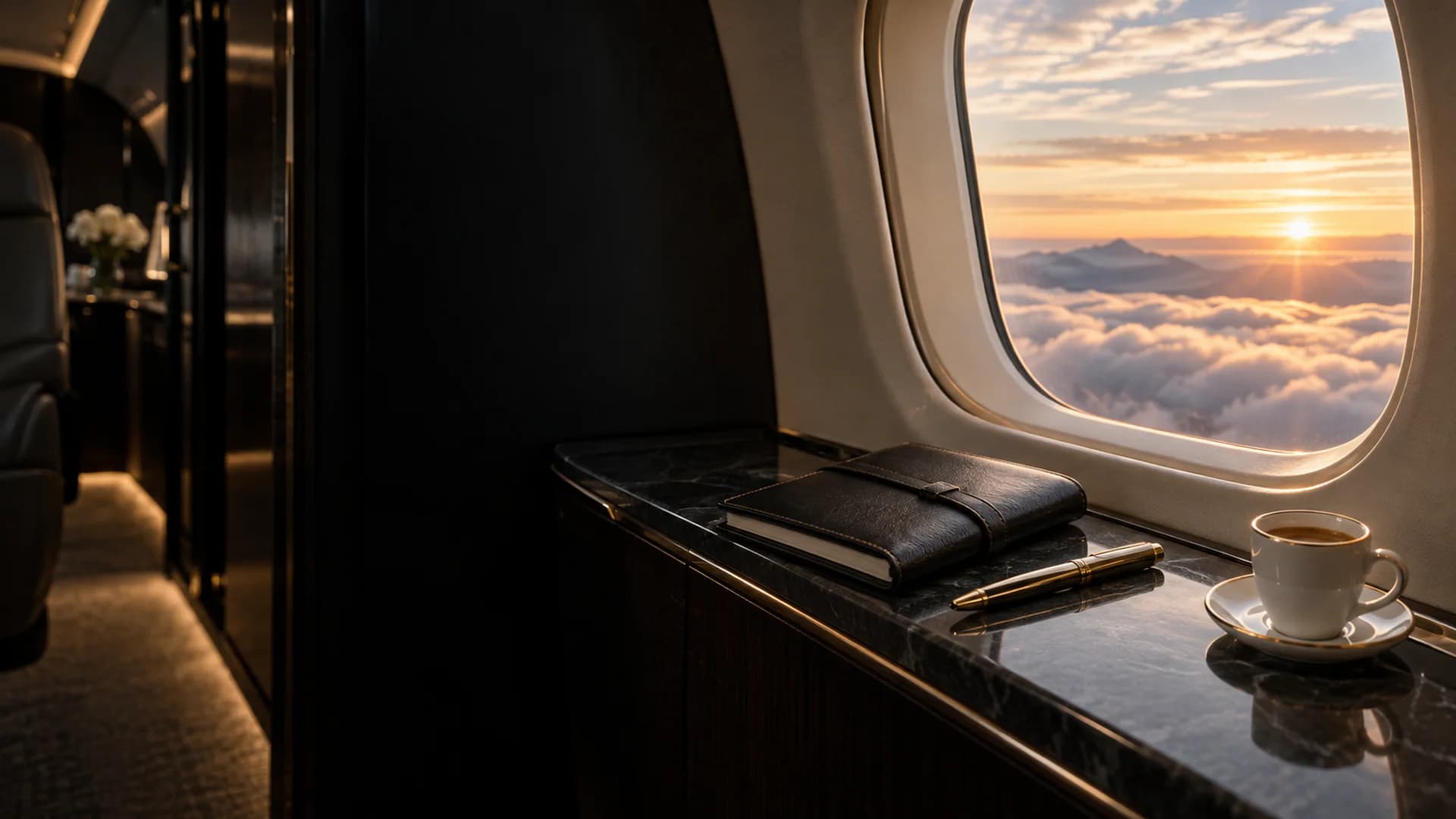 Leather travel journal, gold pen and espresso beside a private jet window at dawn